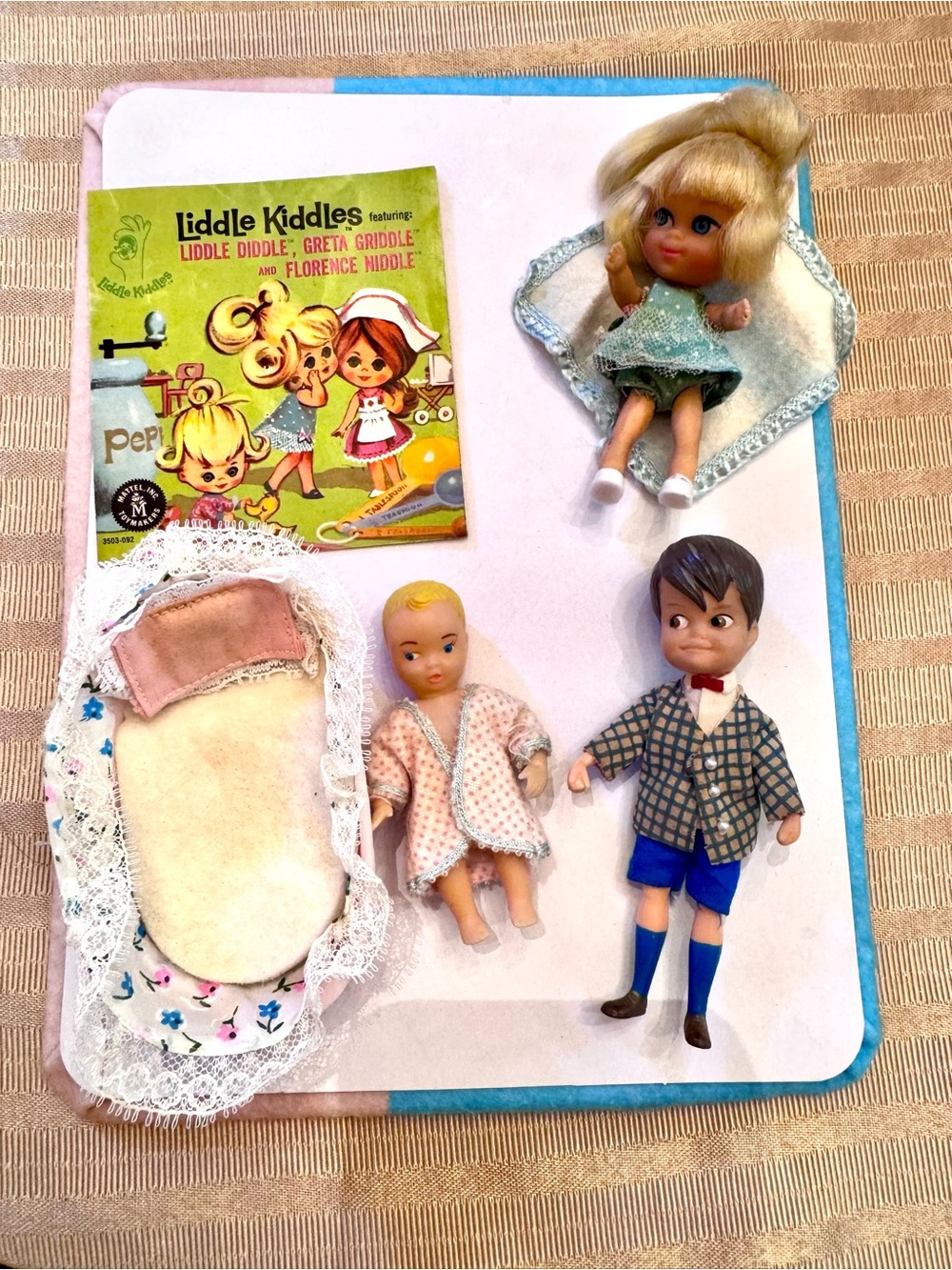 Vintage Blonde Girl Doll with Blue Dress, Boy Doll in Blue Shorts & Baby Doll